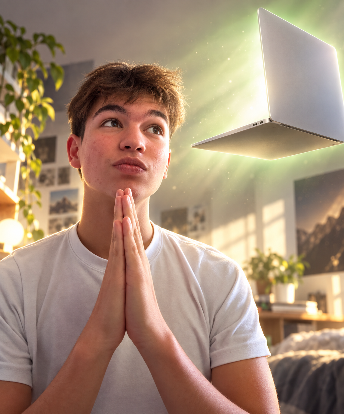 Mathias’s brother, hands clasped in hope, gazing toward a glowing MacBook