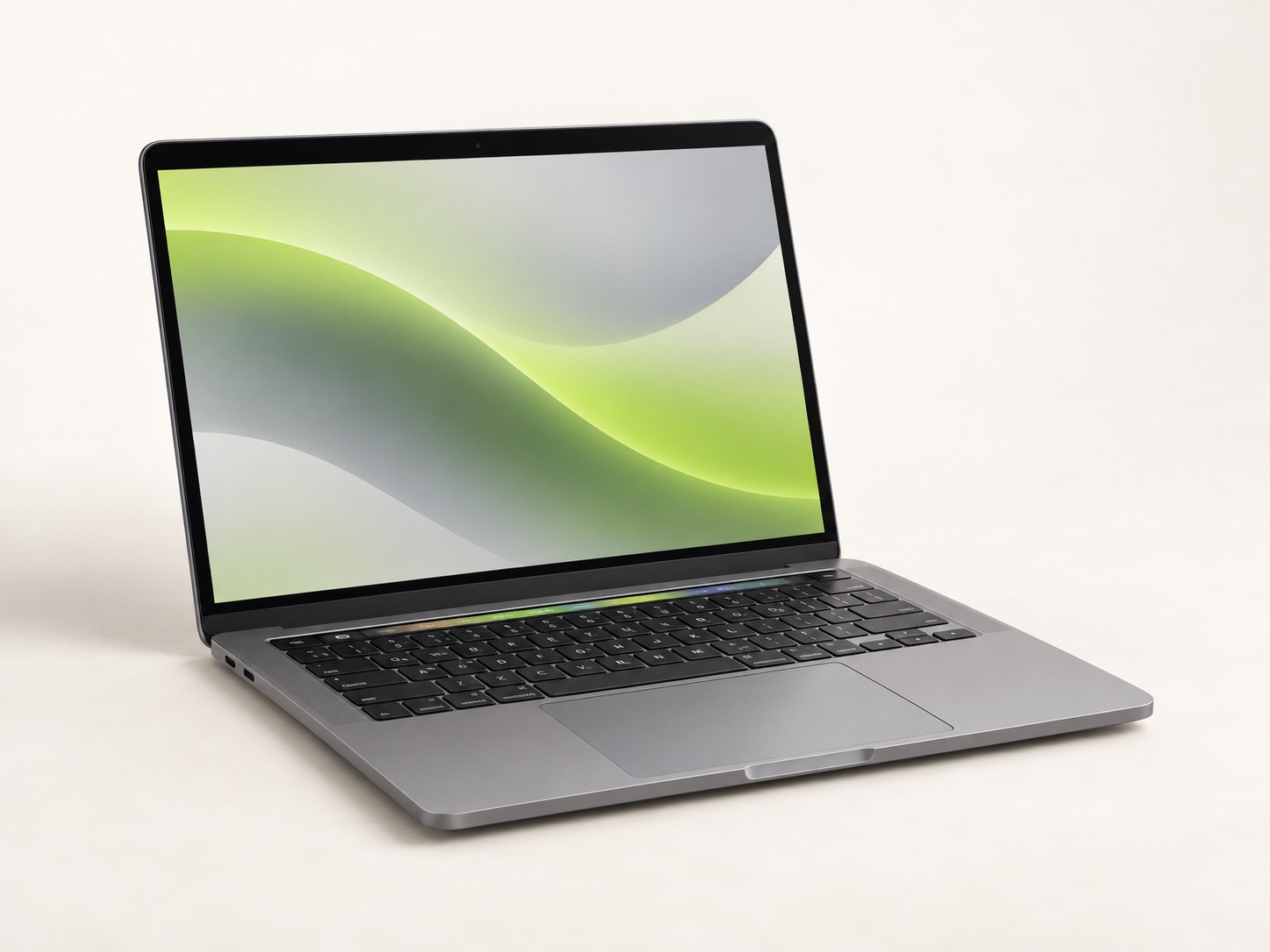 Illustration of a space gray 13-inch MacBook Pro with M1 chip, open on a light background